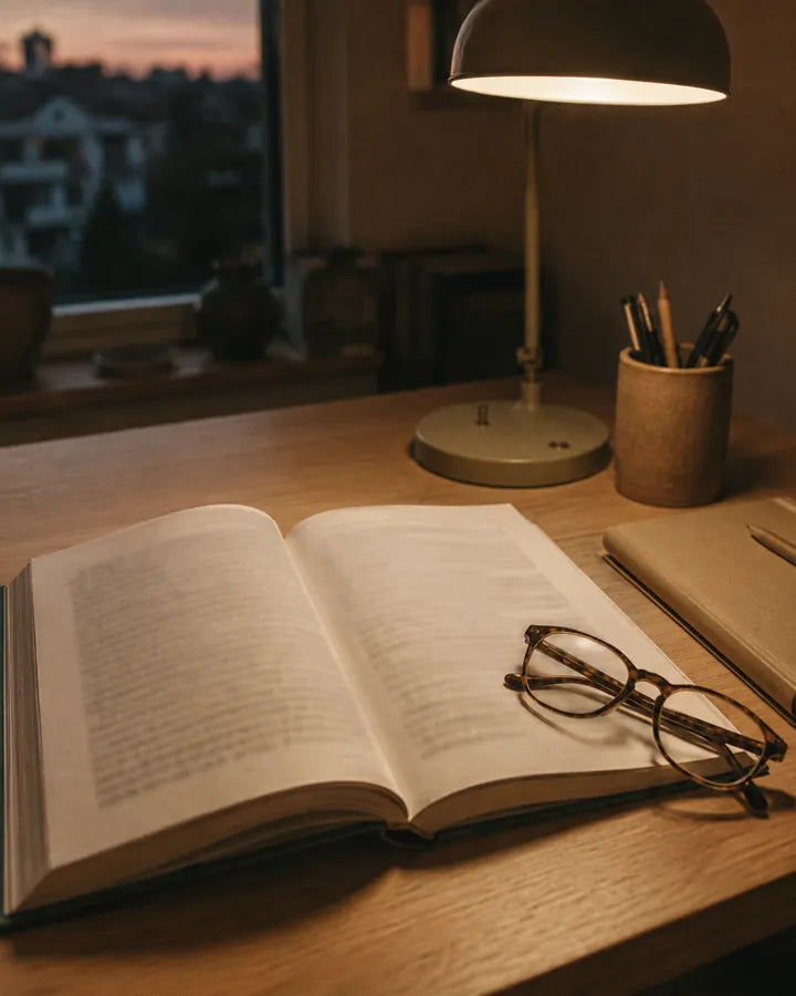 An open book under a desk lamp at dusk